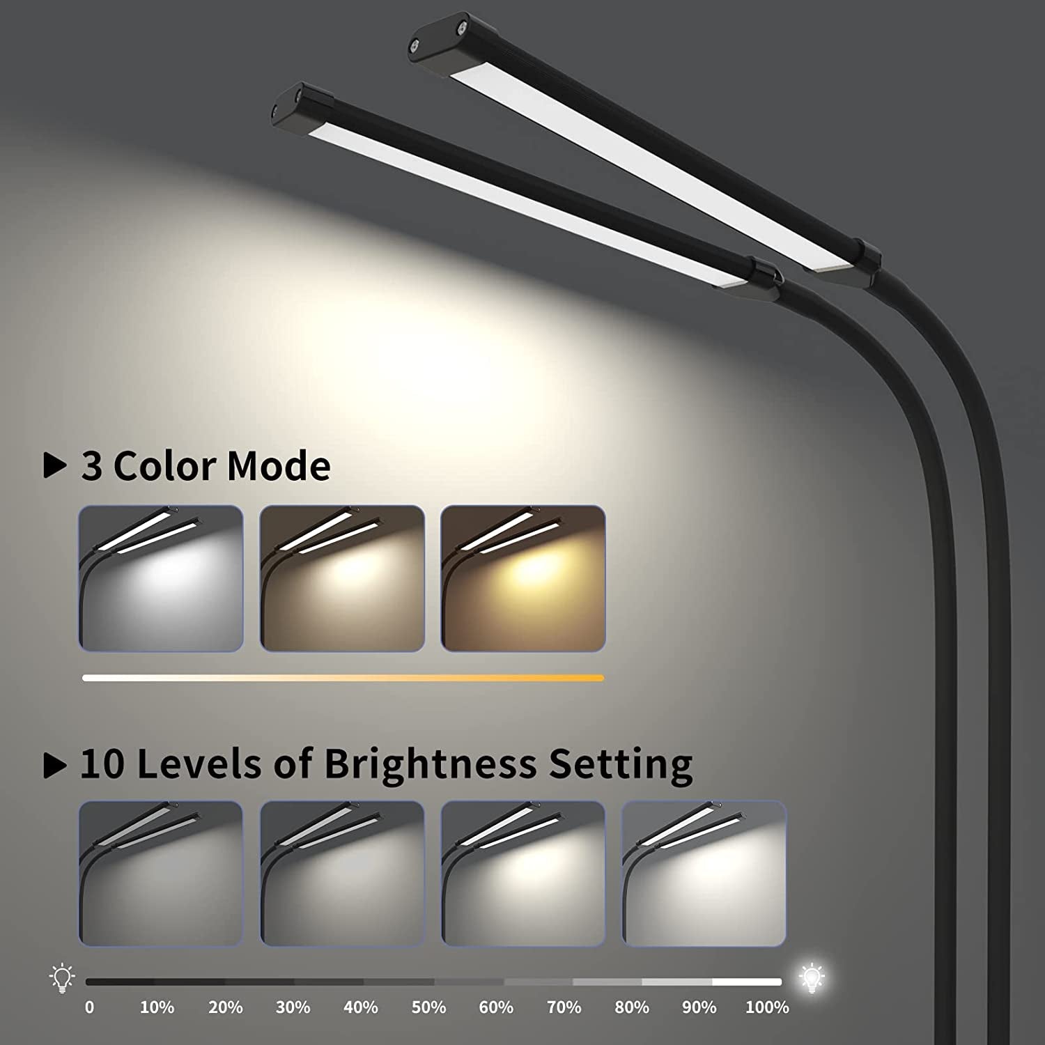 Clamp Desk Lamp with 2 LED Tubes for Home Office, Flexible Gooseneck Reading Light, Clip-on LED Book Light for Bedroom, Table, Headboard, College Dorm, and More - Black