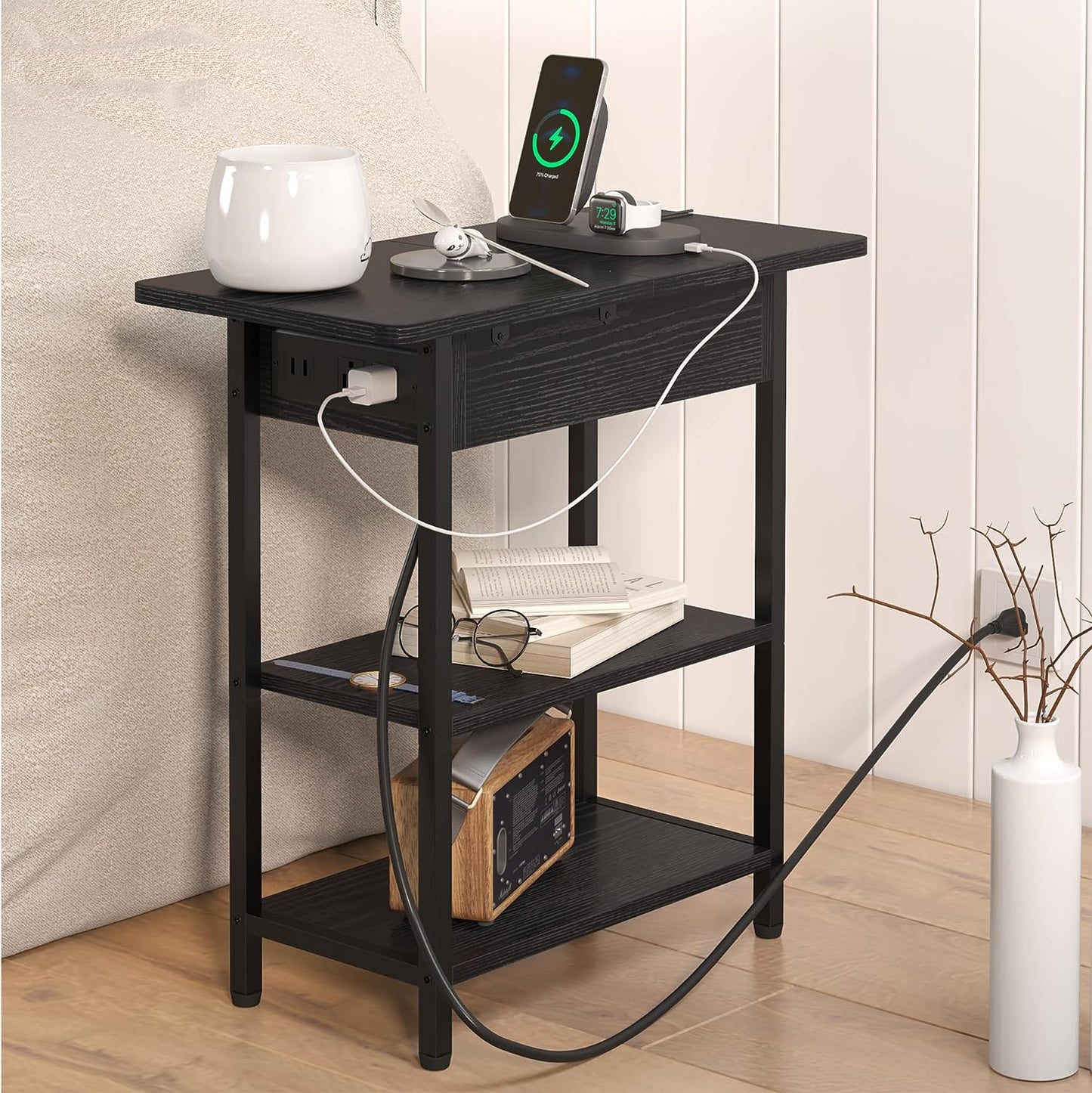 Charging Station End Table: Narrow Couch Side Table with USB Port, Outlet, and Flip-Top Design - Ideal for Small Spaces in Living Room or Bedroom - Color: Black