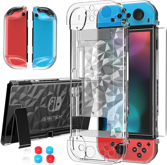  Dockable Nintendo Switch Case with Screen Protector - Clear Protective Cover for Nintendo Switch and JoyCon Controller, Includes Tempered Glass Screen Protector