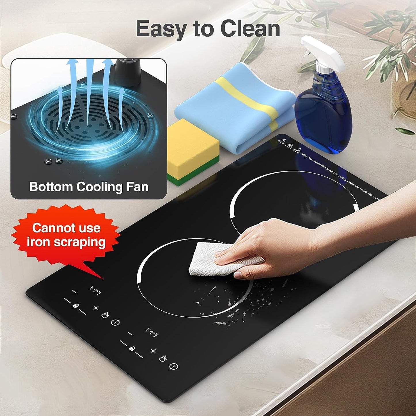 12-Inch Built-in Radiant Electric Stove Top - Electric Ceramic Cooktop with 2 Burners, 110V, 9 Heating Levels, Timer, Kid Safety Lock, and Sensor Touch Control.