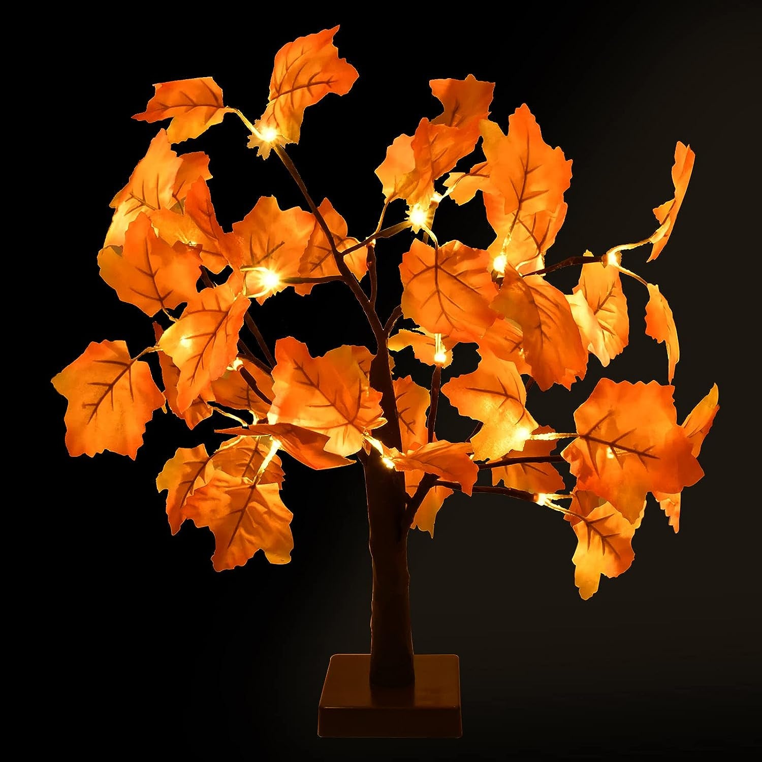 18.7in Artificial Lighted Maple Tree - This Fall Decor features 24 LED lights and is perfect for tabletop use. It adds a warm and festive touch to your home's indoor Thanksgiving and Autumn Decorations. Battery operated for convenience.