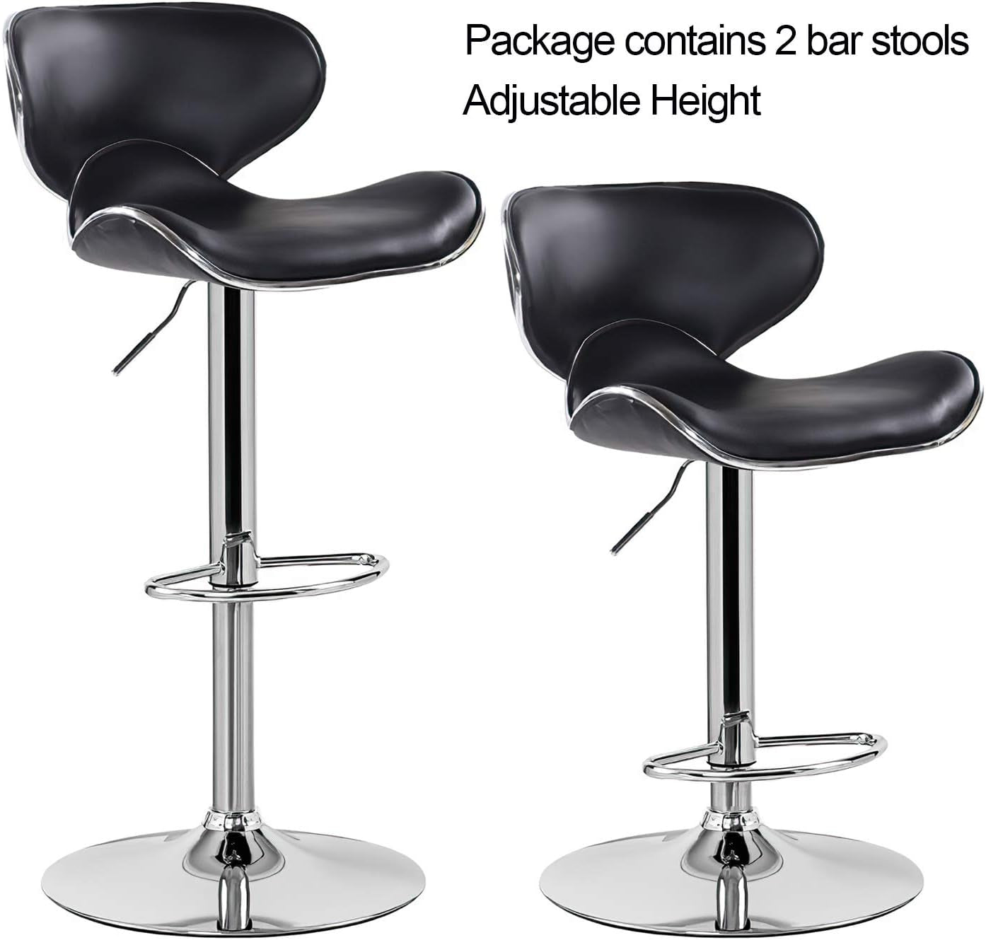 High Back 360-Degree Swivel Adjustable Quality Black PU Leather Bar Stool Pub Chair, with Backrest and Footrest/Back Foot Rest - Set of 2 (Black)