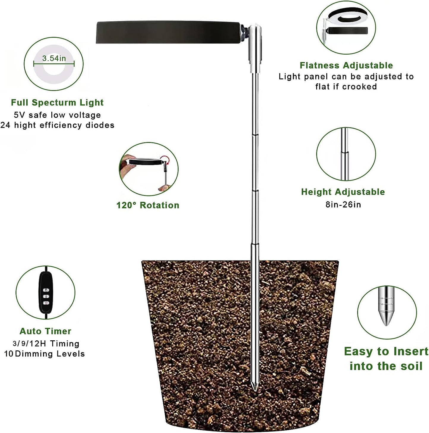 Full Spectrum LED Grow Light: Designed for Indoor Small Plants. Features Height Adjustable with Auto On/Off Timer (3/9/12H) and 3 Colors Halo Grow Lights. Also, 10-Level Dimmable Brightness for optimal plant growth.