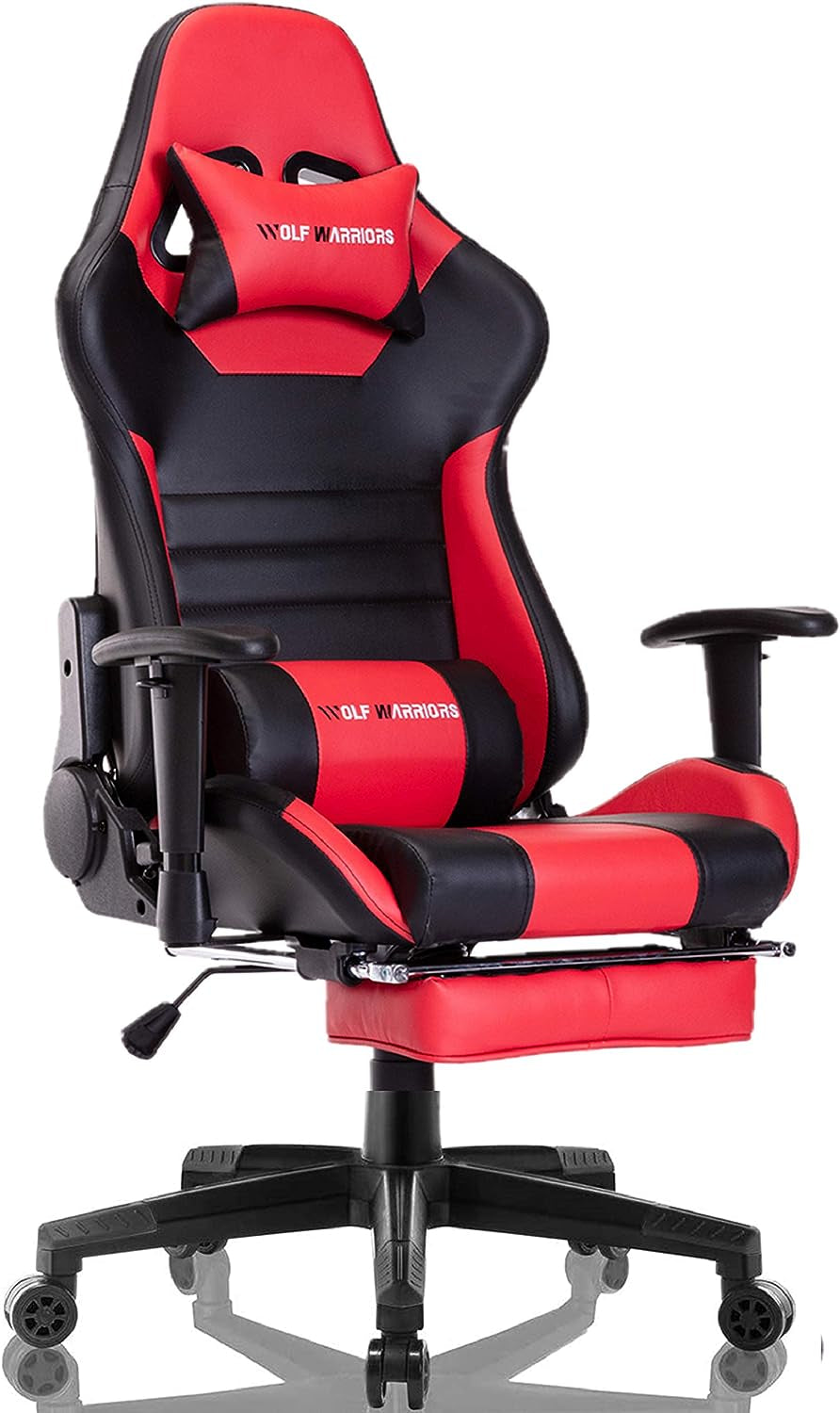 Ergonomic Gaming Chair with Footrest - Racing-Style Video Game Chair for Computer Gaming - Swivel Office Desk Chair with Lumbar Support and Headrest - Red/Black Design