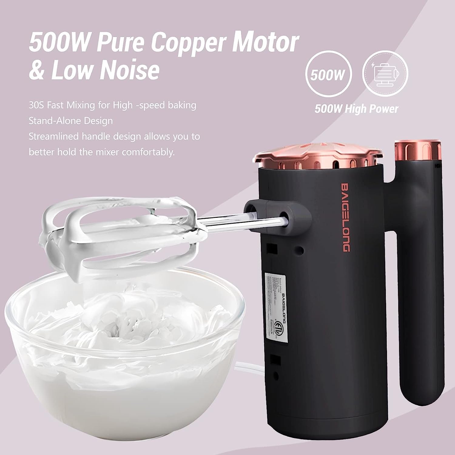 500W Ultra Power Electric Hand Mixer with Variable Speed Control - Includes 5 Stainless Steel Accessories for Baking, Dishwasher Safe - Black Rose Gold Color