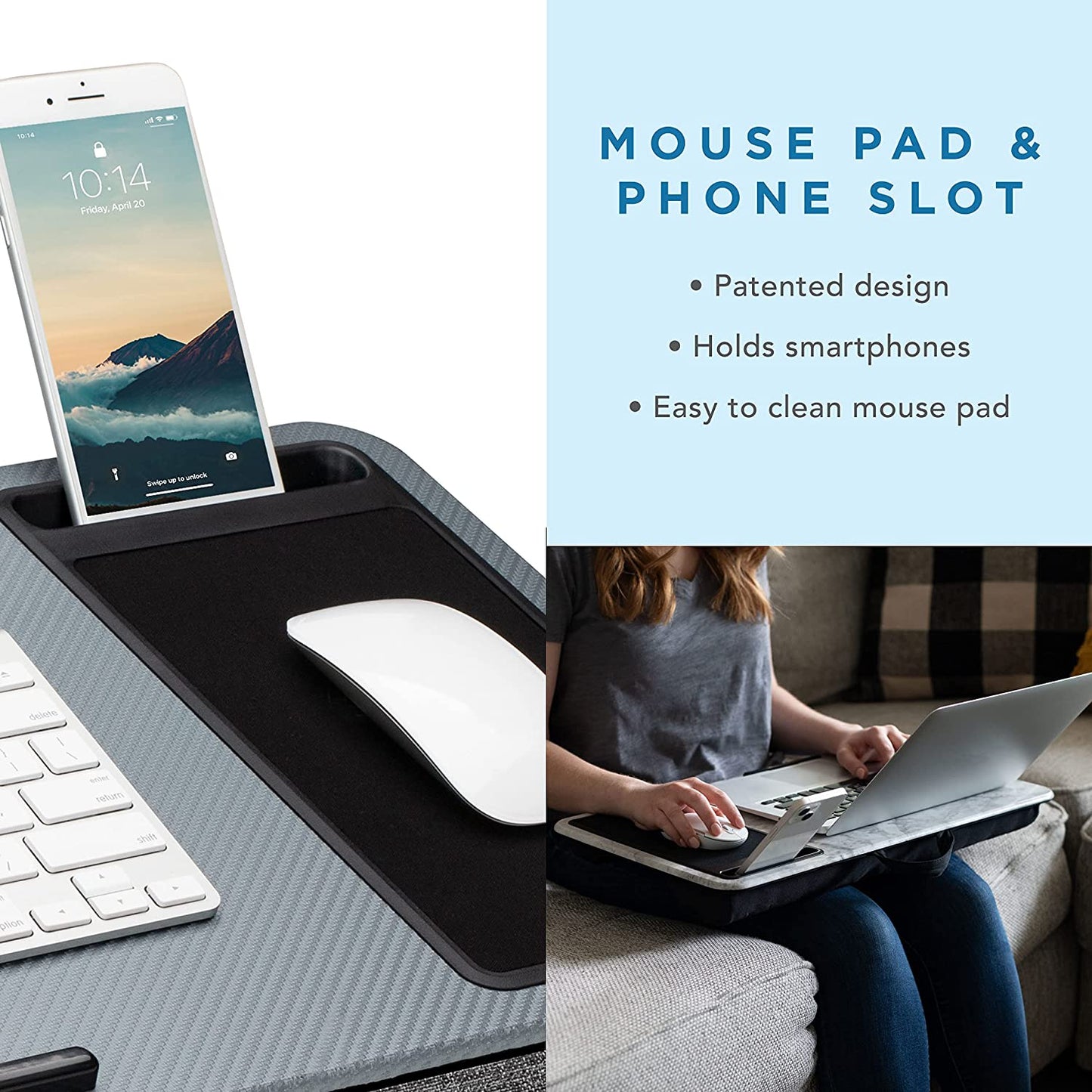 Silver Carbon Home Office Lap Desk with Device Ledge, Mouse Pad, and Phone Holder - Accommodates Laptops up to 15.6 Inches 