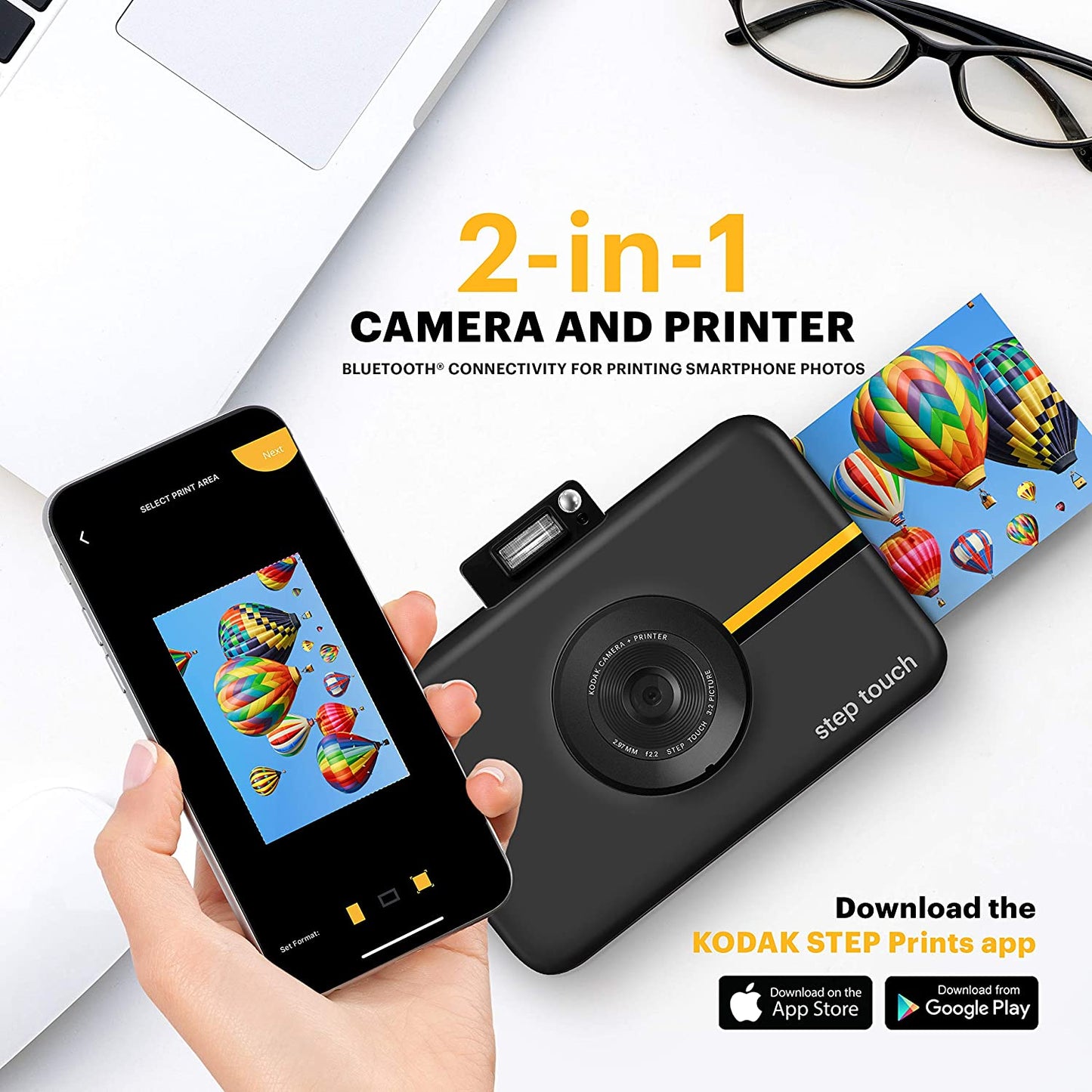 Step Touch | Digital Camera and Instant Printer with 13MP, 3.5" LCD Touchscreen Display, 1080P HD Video, Bluetooth Connectivity, Zink Zero Ink Technology | Black