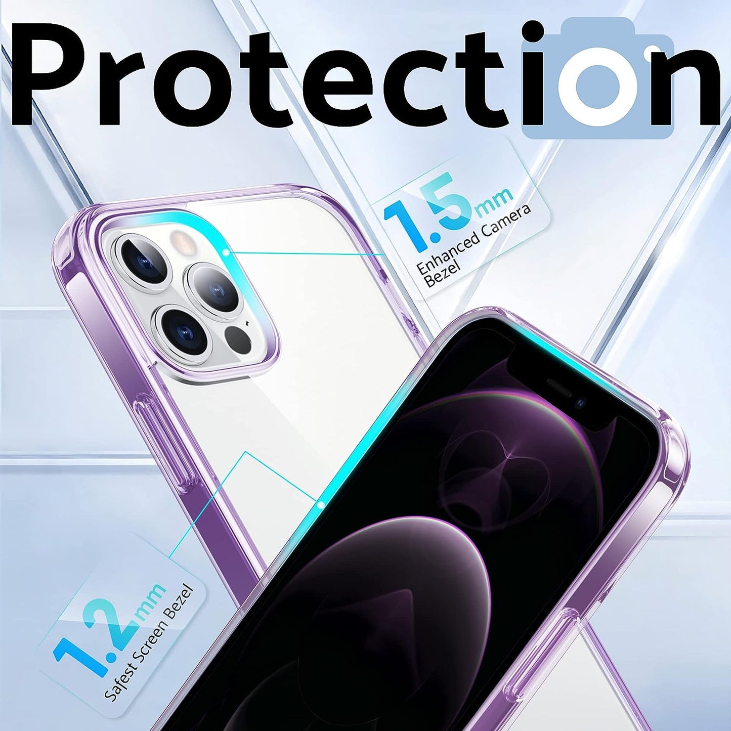 iPhone 12/12 Pro Case - Crystal clear, non-yellowing, military-grade protective cover. Soft silicone, slim design. Clear Purple.