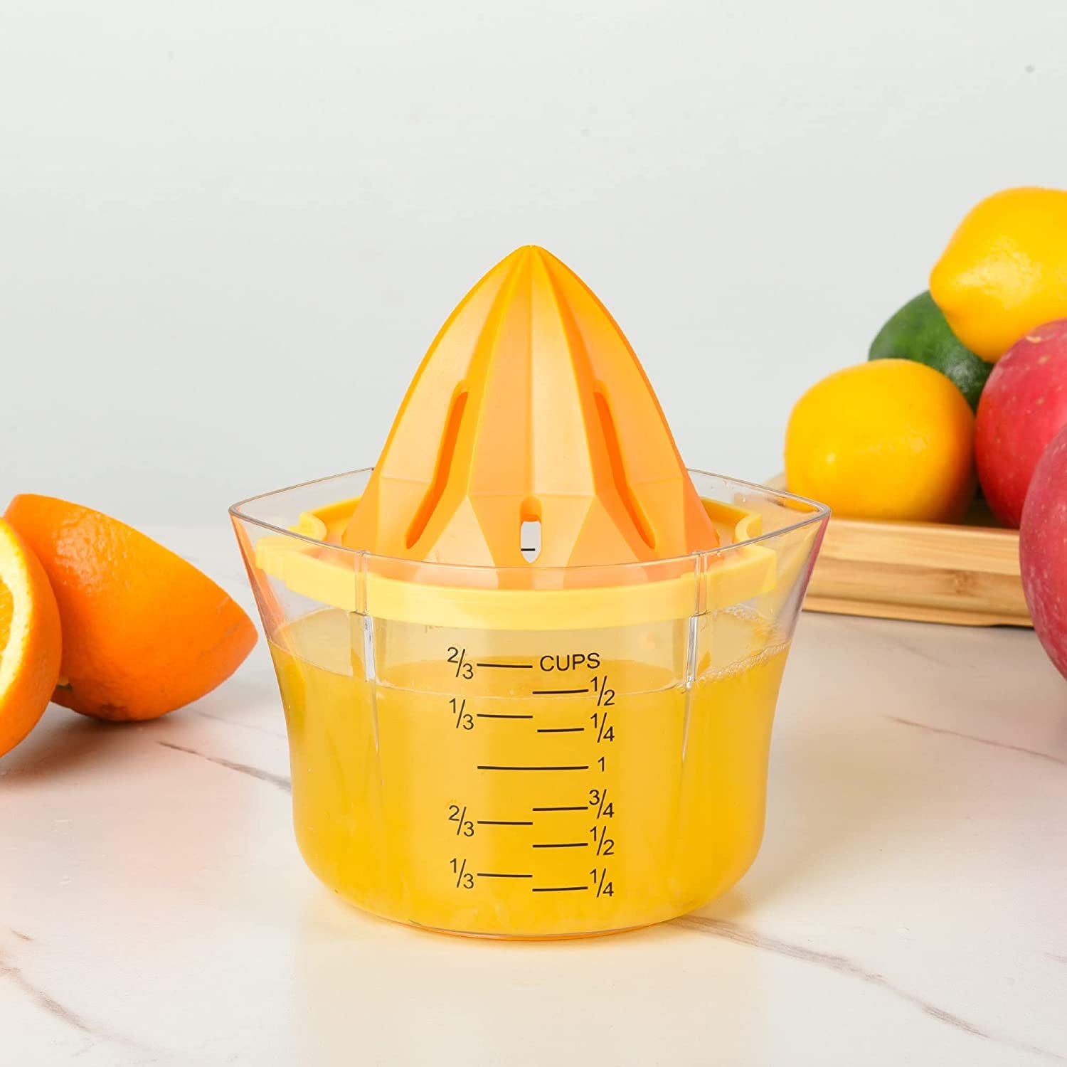 Manual 5-in-1 Lemon Squeezer Citrus Juicer - Hand Juicer for Citrus Fruits like Lemon, Orange, and Lime - Features a Built-in Measuring Cup, Grater, and Strainer, with Included Juicer Cup