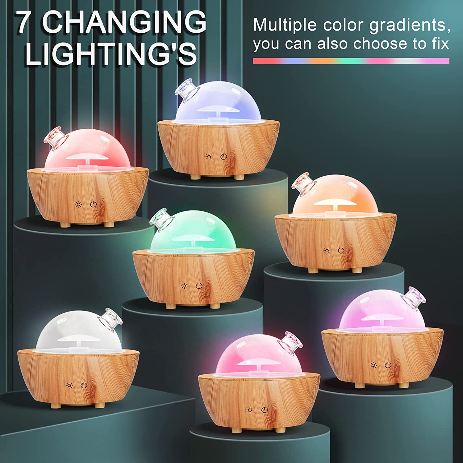 Glass Essential Oil Diffuser with Wood Grain Base, 280ml Aromatherapy Cool Mist Humidifier, LED Light in 7 Colors with Waterless Auto-Off Protection for Office, Home, Yoga, Spa