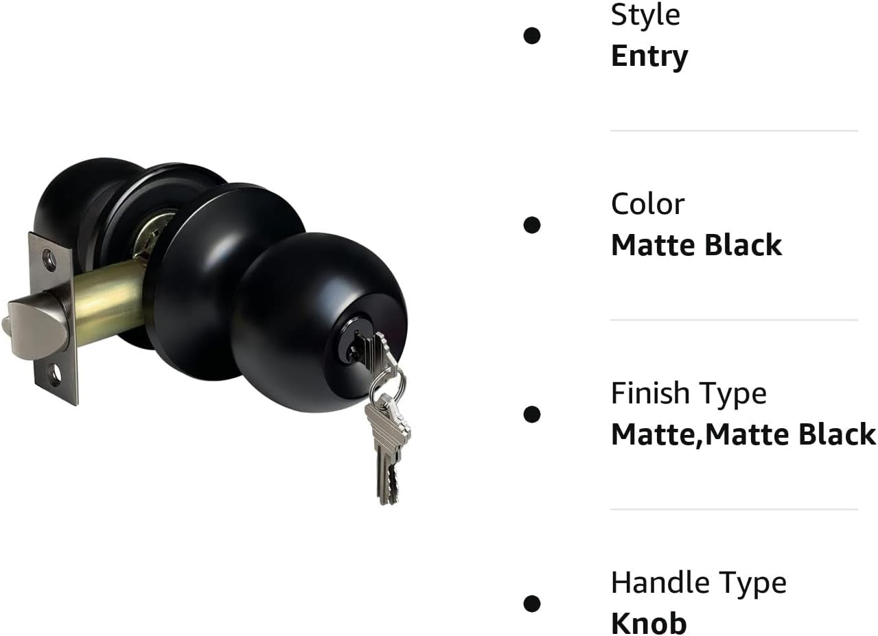 Matte Black Keyed Entry Door Knob - A Standard Ball-Shaped Entrance Door Lock with a Key, Constructed from All Metal for Durability.