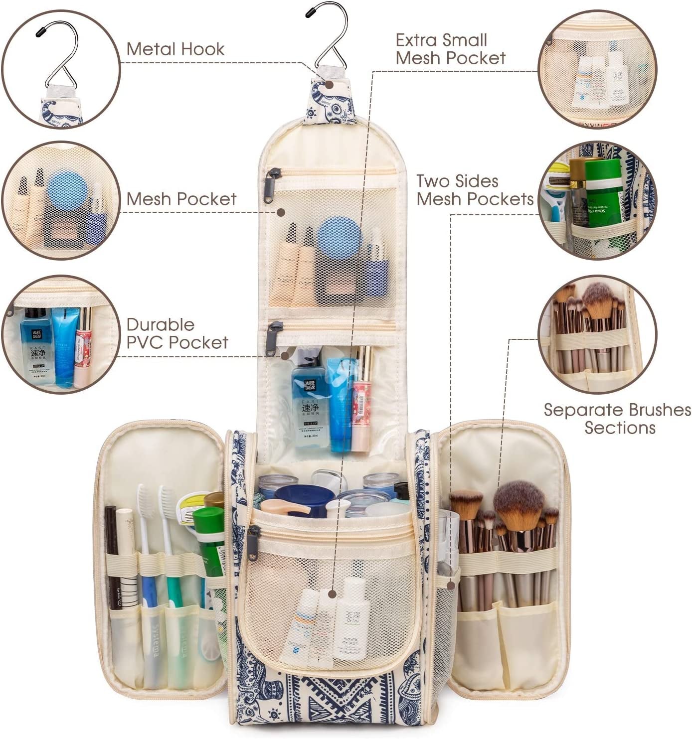 Hanging Travel Toiletry Bag: A Medium-sized Cosmetic and Makeup Organizer Medium Elephant Print