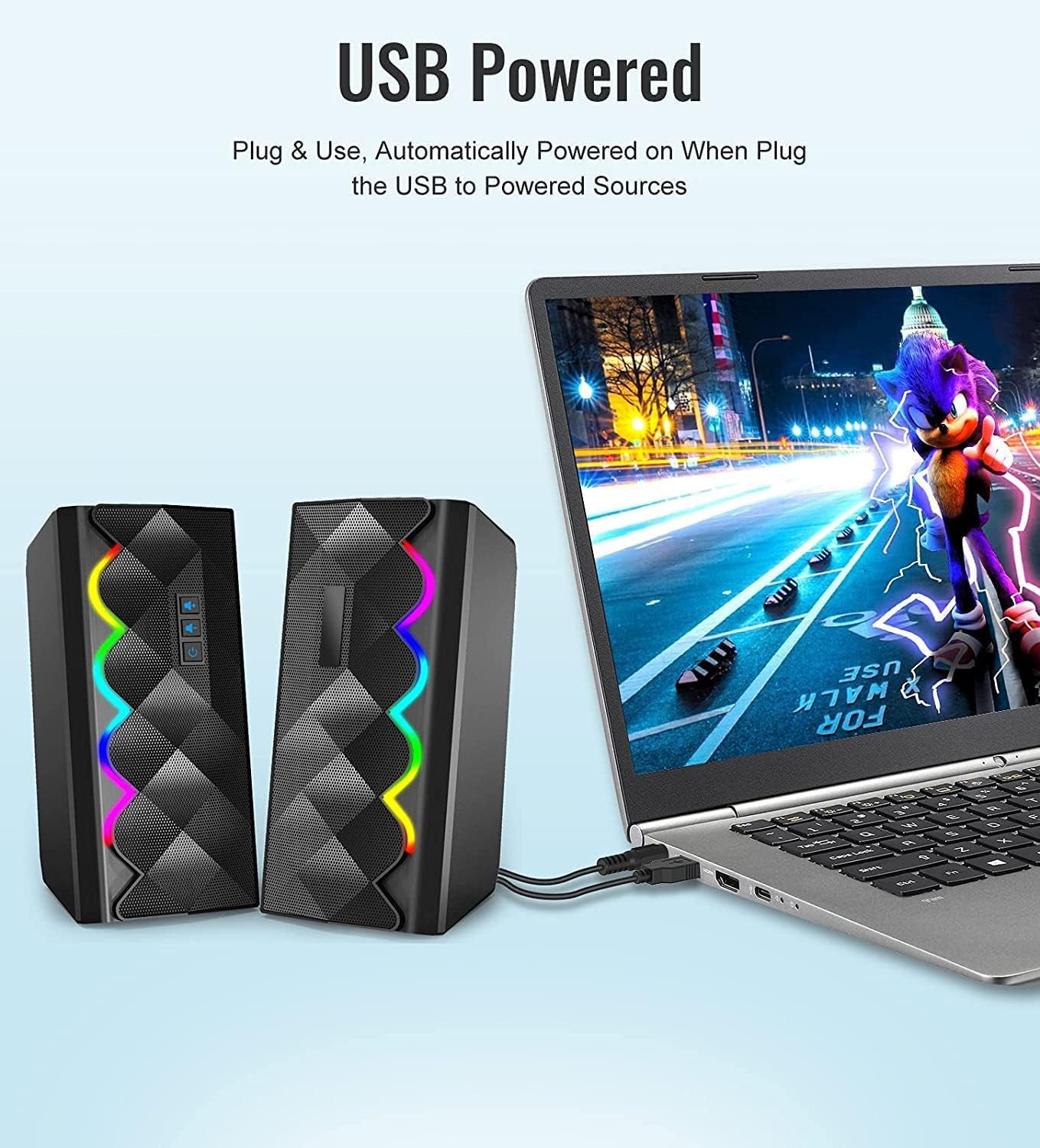 RGB Gaming PC Speaker: 10W Computer Speakers with 6 RGB LED Backlights, Stereo Bass, and support for USB and 3.5mm Cable & Bluetooth connectivity. Compatible with Laptops, Desktops, Tablets, Smartphones, Monitors, and more.