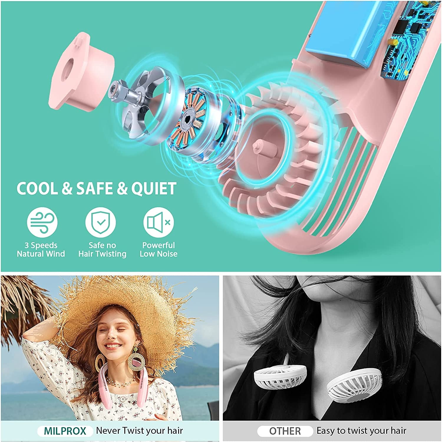 Portable Neck Fan - Rechargeable Hands-Free Bladeless Personal Mini Fan with 3 Speeds, 70 Air Outlets, and Adjustable Wearable Design for Traveling, Sports, and Office - Pink