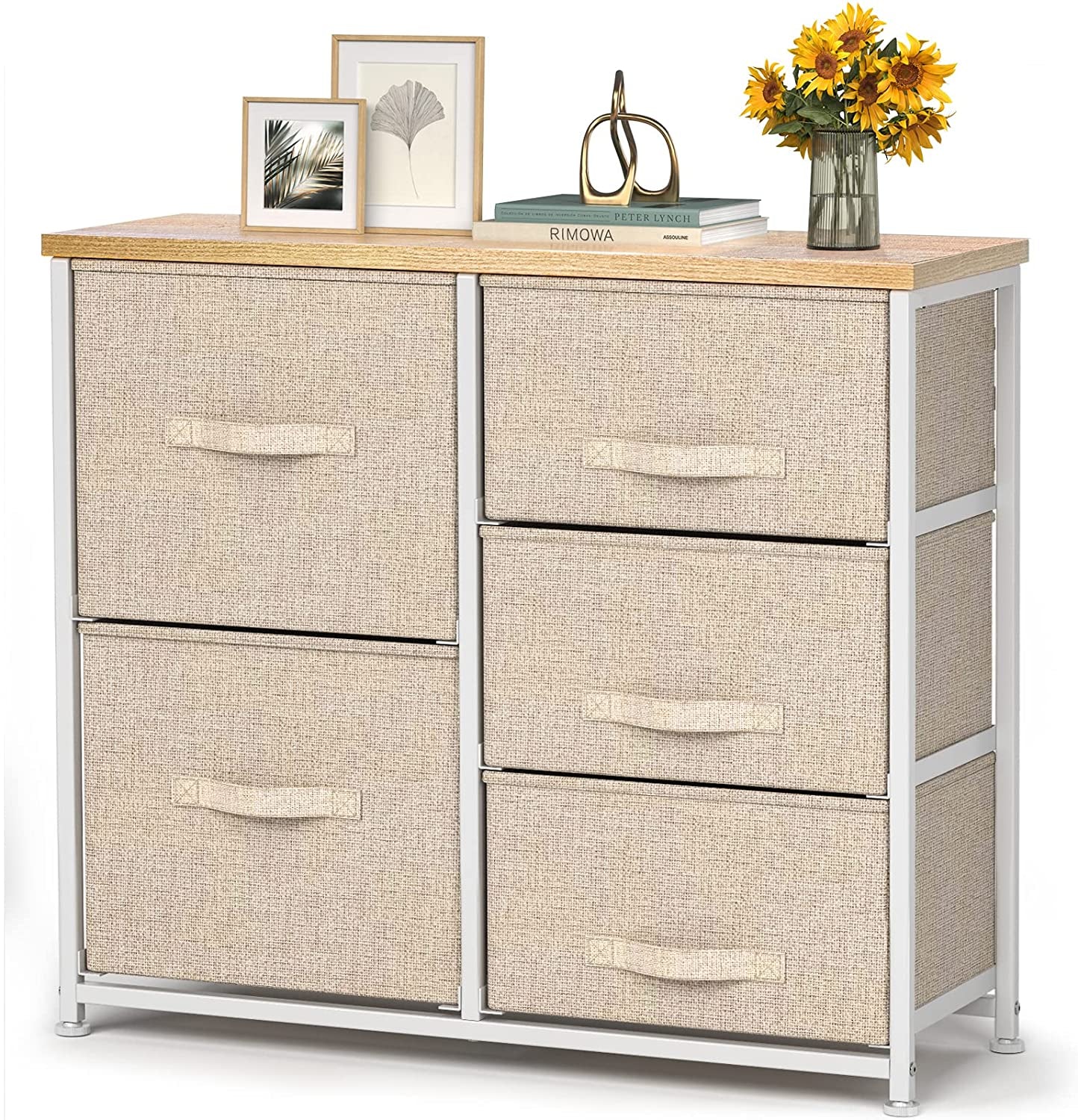 Fabric Dresser with 5 Drawers, Vertical Wide Dresser Storage Tower - Premium Organizer Unit with Wood Top and Easy Pull Handle for Closets, Living Room, Nursery Room, and Hallway