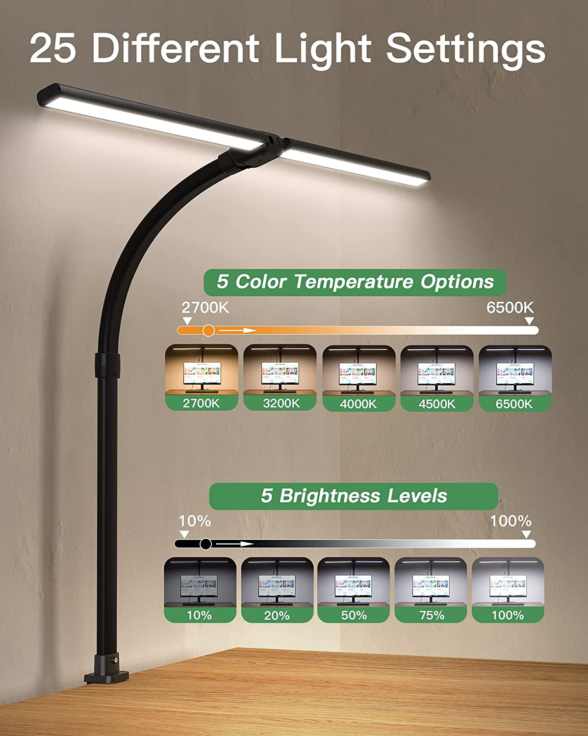 Desk Lamps for Home Office - Wide Double Head Architect Desk Lamp with Clamp, Eye-Caring Computer Monitor Light (32 Inch)