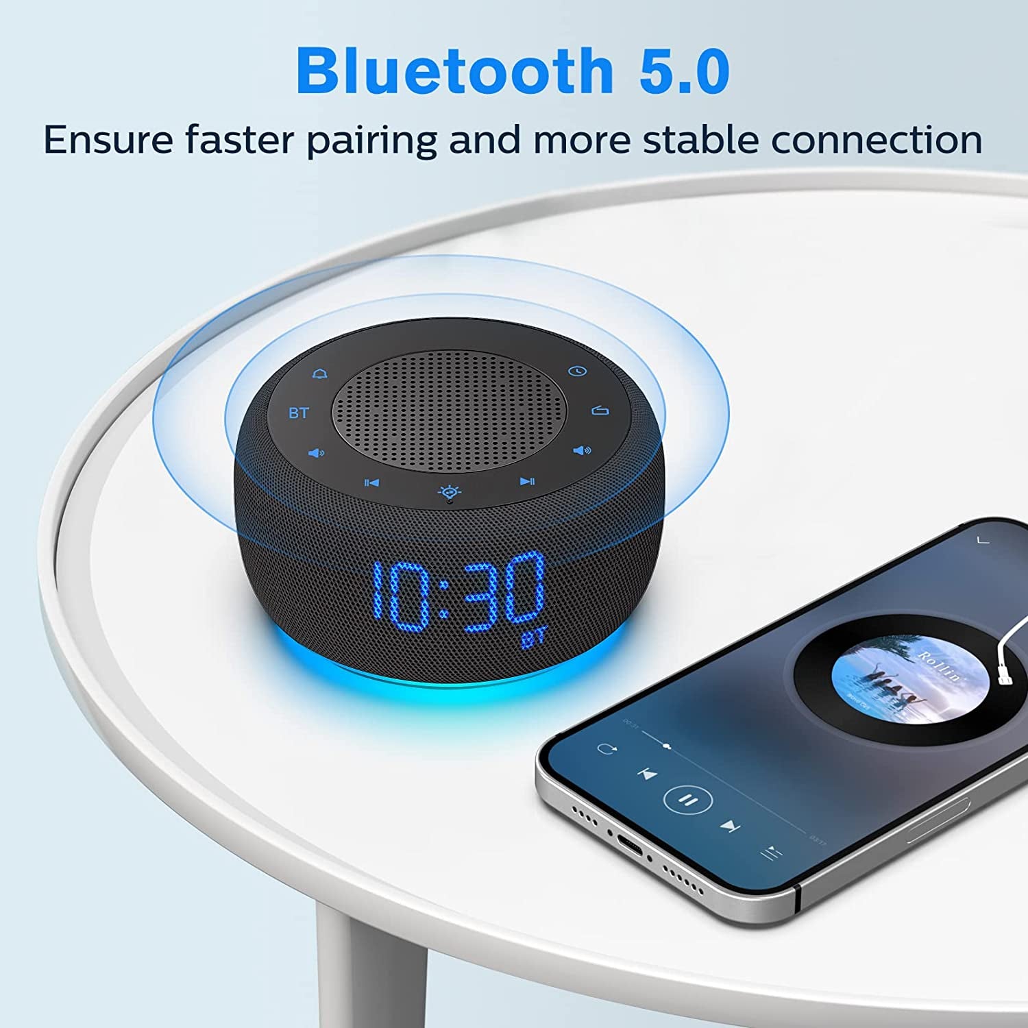 Bluetooth Speaker Alarm Clock with FM Radio - Hi-Fi Sound, Dimmable Display, Wall-Powered Alarm Clock Radio for Bedroom