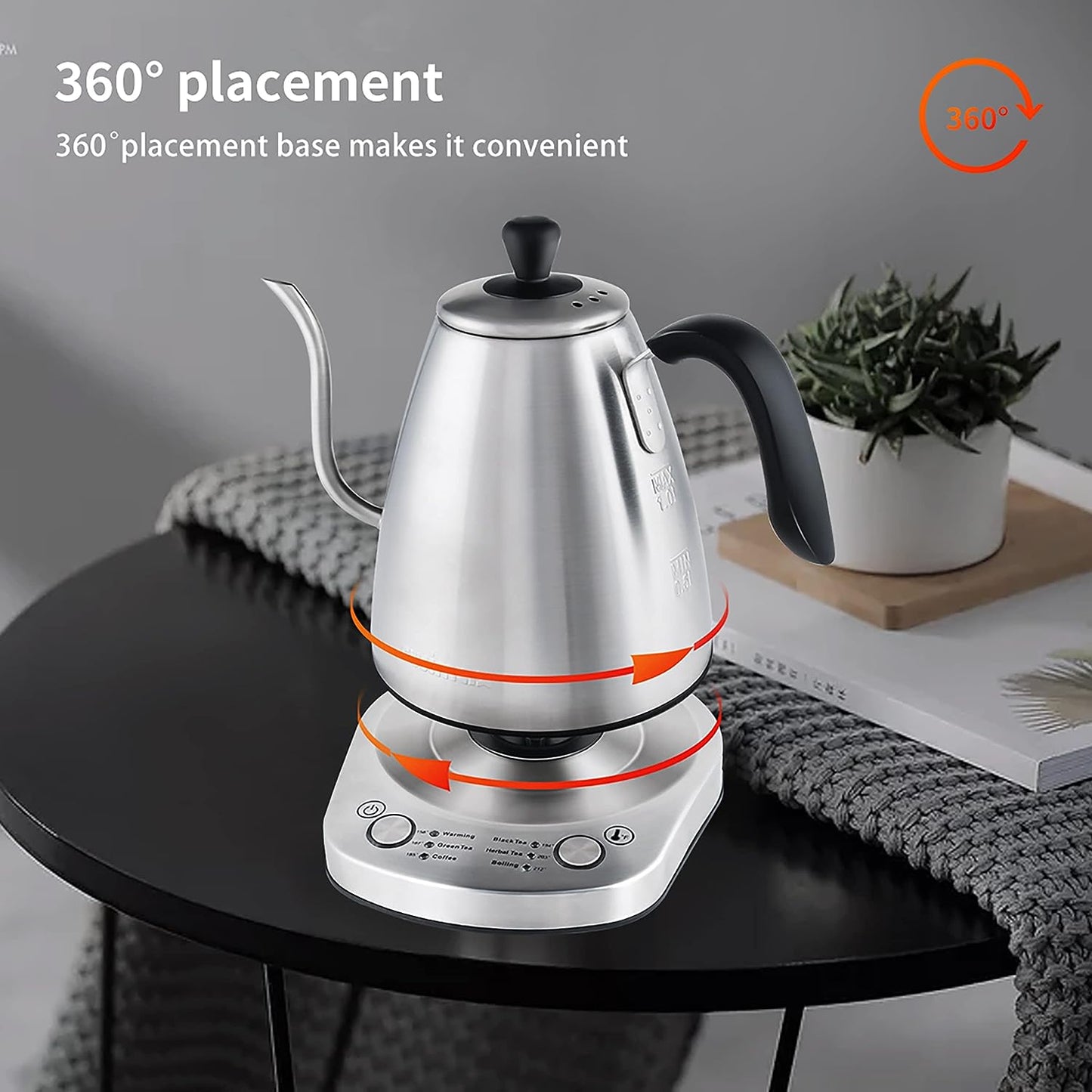 1000W Electric Gooseneck Kettle - A 1L Variable Kettle with 6 Temperature Settings designed for Pour Over Drip Coffee and Tea. It's made from Stainless Steel and features Auto Keep Warming and Boil-Dry Protection for added safety.