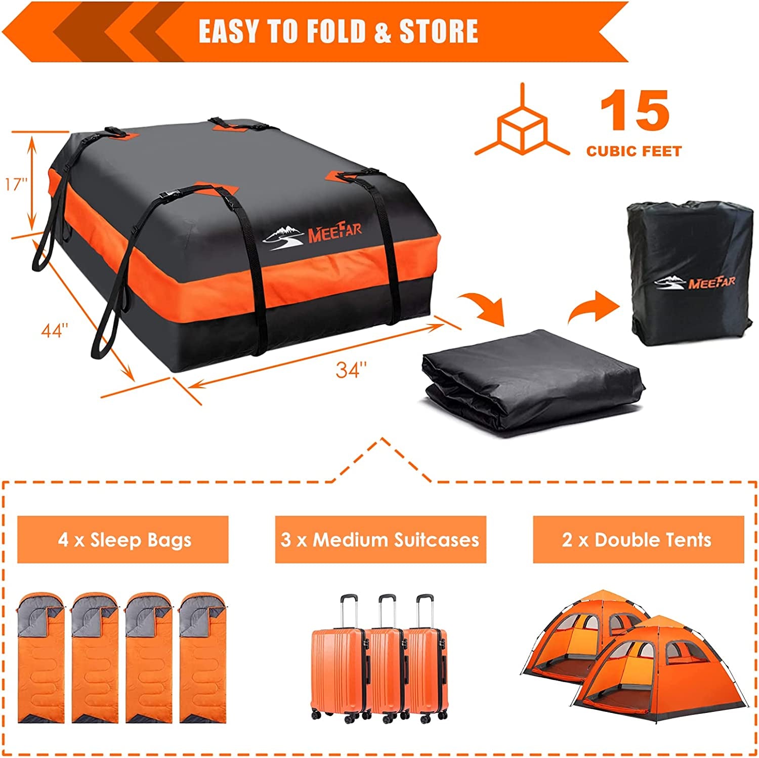 15 Cubic Feet Car Roof Bag - Waterproof Rooftop Cargo Carrier Bag - Fits All Cars with or without Racks - Includes Anti-Slip Mat, 8 Reinforced Straps, 6 Door Hooks, and Luggage Lock for Secure Transportation.