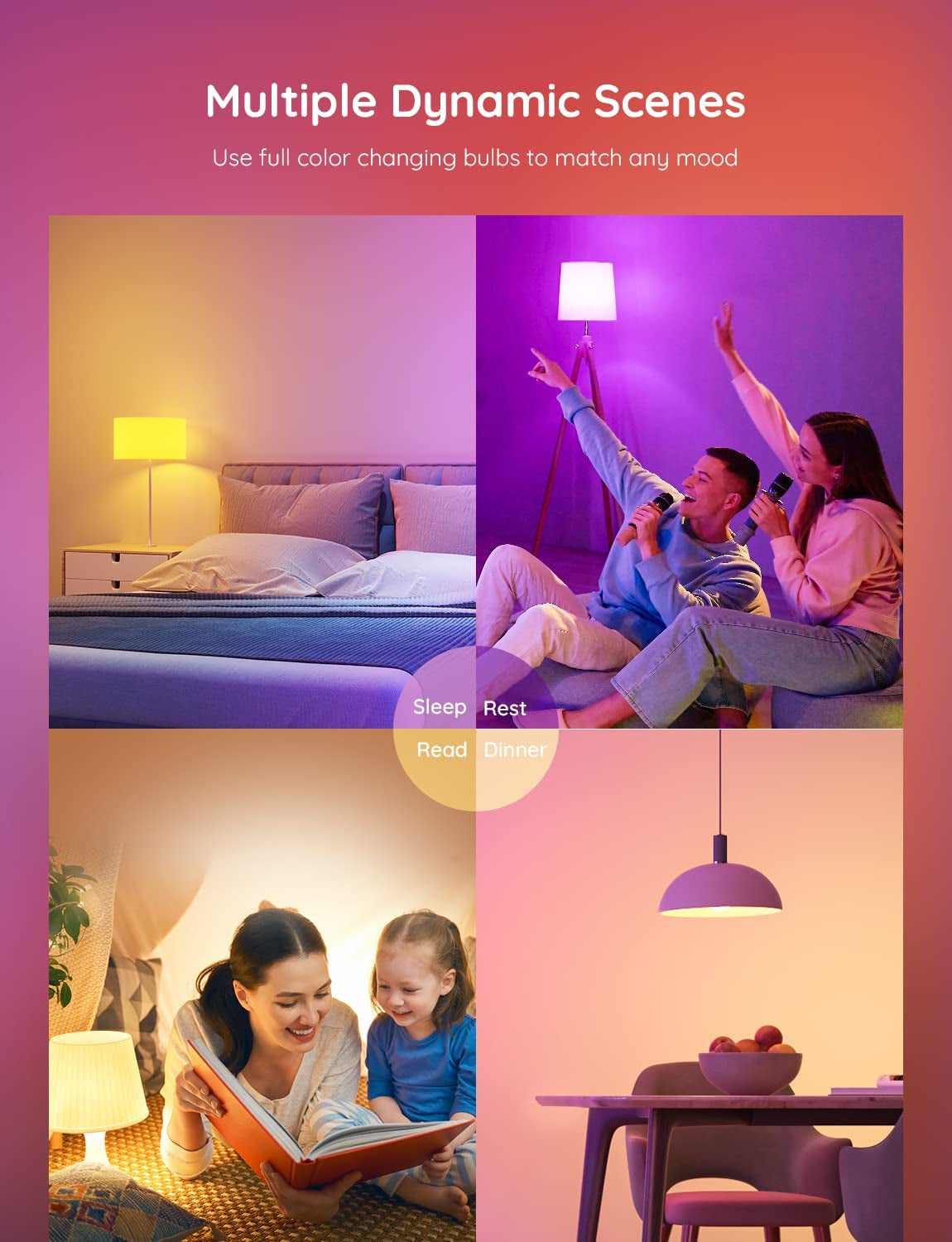 4 Pack of Smart Light Bulbs: WiFi Bluetooth Color Changing Bulbs with Music Sync, 54 Dynamic Scenes, 16 Million DIY Colors, Compatible with Alexa, Google Assistant & Home App