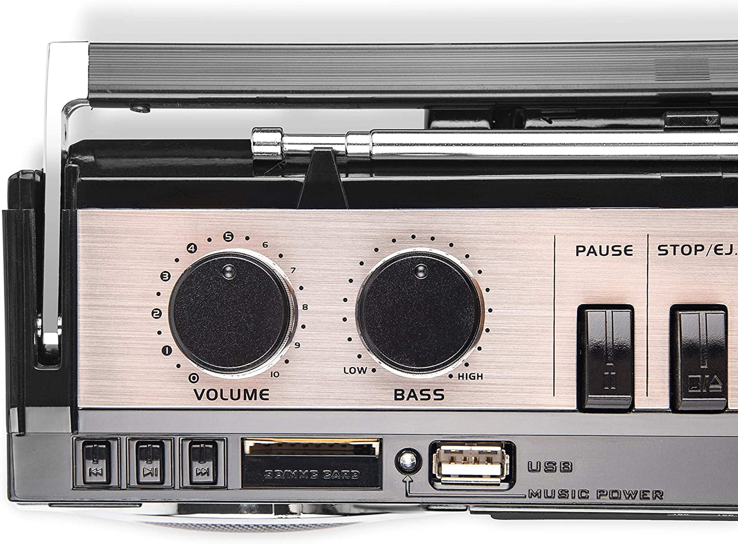 Retro Bluetooth Boombox with Cassette Player and Recorder, AM/FM/SW-1-SW2 Radio, USB, SD, and Aux in - Black