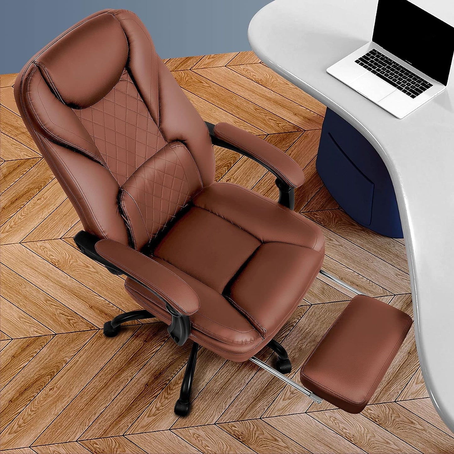 Executive Office Chair - Big and Tall Reclining Leather Chair with Foot Rest, High Back, Lumbar Support, and Ergonomic Design for Home Office - Brown