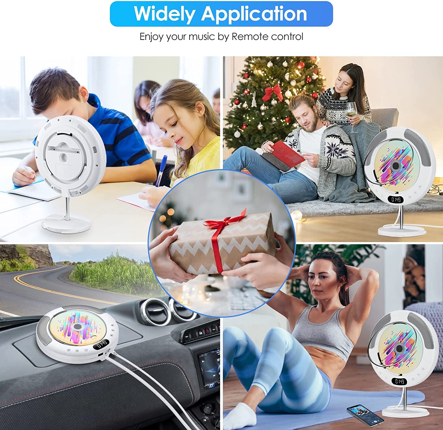 Portable Bluetooth CD Player - Wall Mountable for Home and Suitable for Car Use. This Desktop Music Player features Remote Control, Built-in HiFi Speakers, an LED Screen, FM Radio, and AUX Input/Output capabilities.