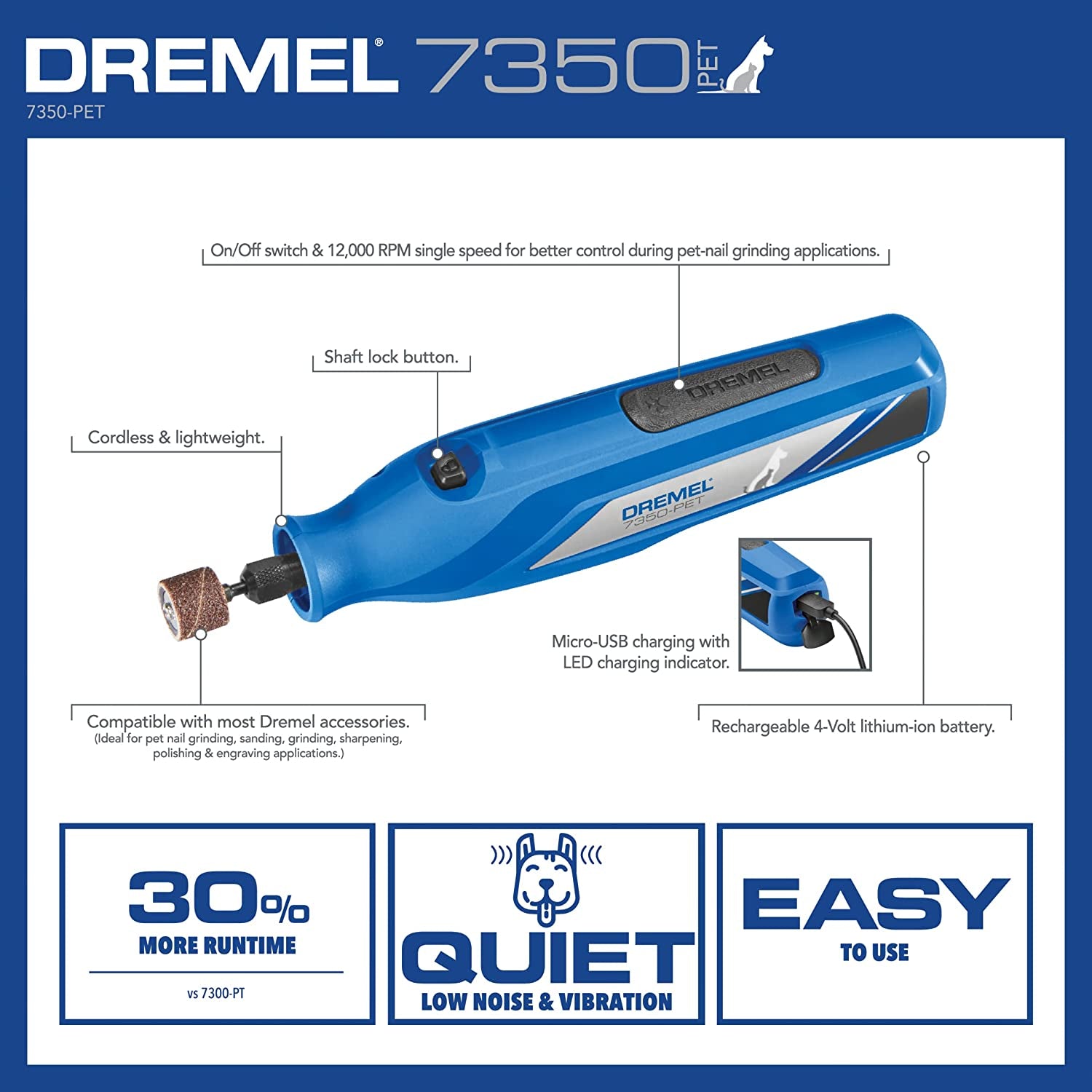 Pet Grooming Kit: Dremel 7350-PET 4V Nail Grinder for Dogs and Cats - Easy-to-Use and Safe Nail Trimmer for Pets of All Sizes