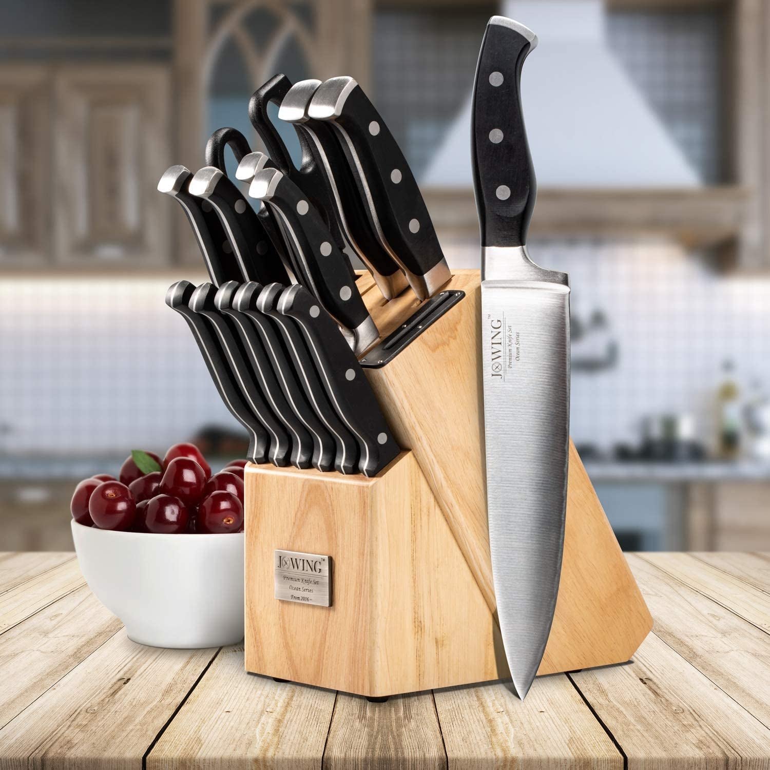 15-Piece Professional Kitchen Knife Set - Ocean Series Premium Forged Full Tang Chef Knives Set with Rubber Wood Block, Crafted from German High Carbon Stainless Steel; Black Color.