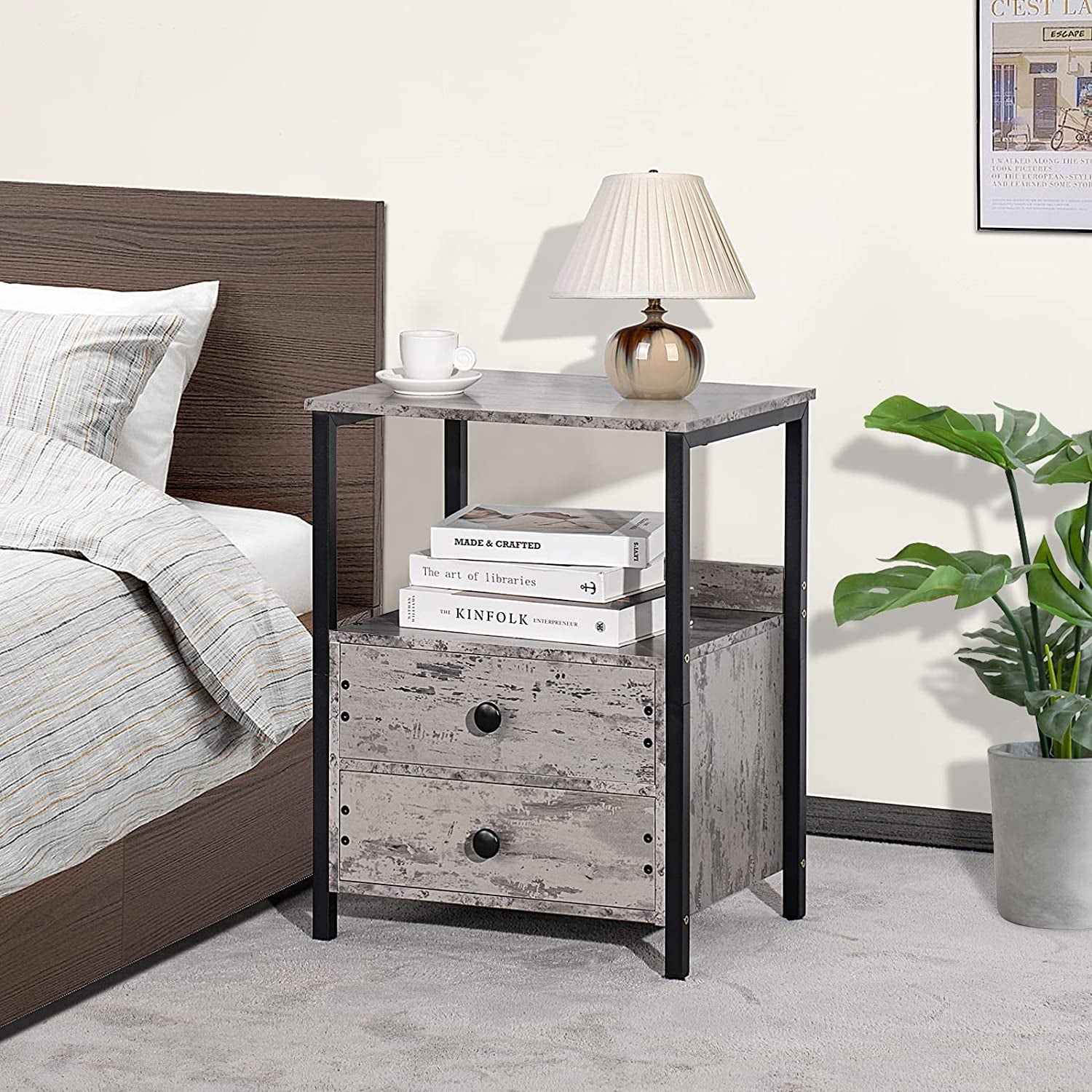 Grey Industrial Nightstand: Bedside Table with 2 Drawers, Open Shelf, and Steel Frame, Ideal for Bedroom or Dorm Use, 23.6'' in Height, Grey Color