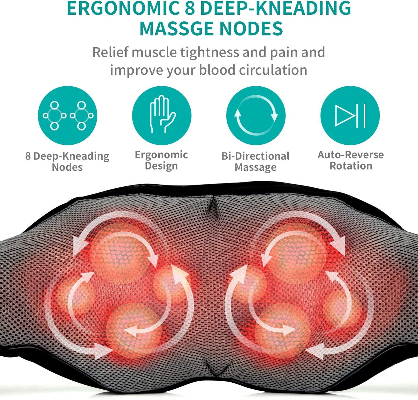 Shiatsu Neck and Back Massager with Soothing Heat - Electric Deep Tissue 3D Kneading Massage Pillow for Shoulder, Leg, and Body Muscle Pain Relief - Suitable for Home, Office, and Car Use (Black)