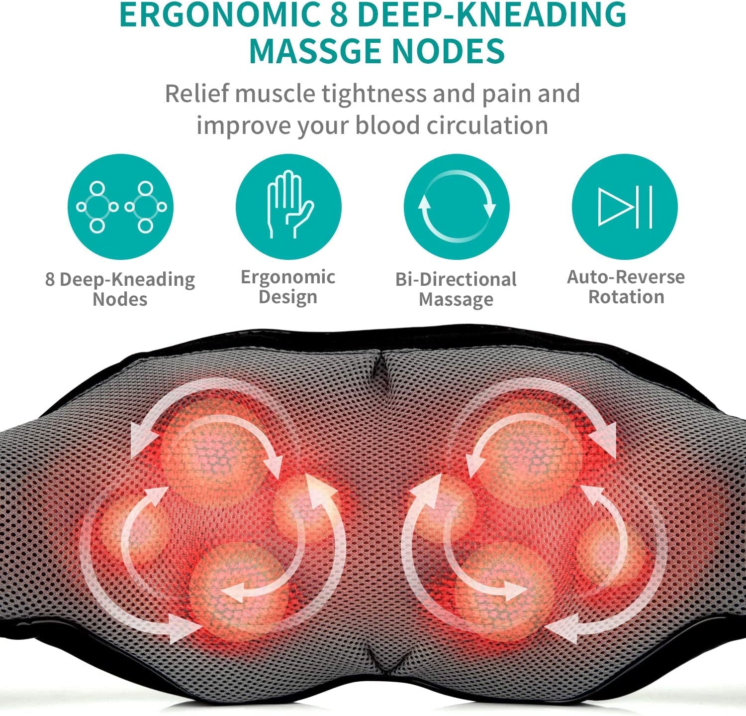Shiatsu Neck and Back Massager with Soothing Heat - Electric Deep Tissue 3D Kneading Massage Pillow for Shoulder, Leg, and Body Muscle Pain Relief - Suitable for Home, Office, and Car Use (Black)