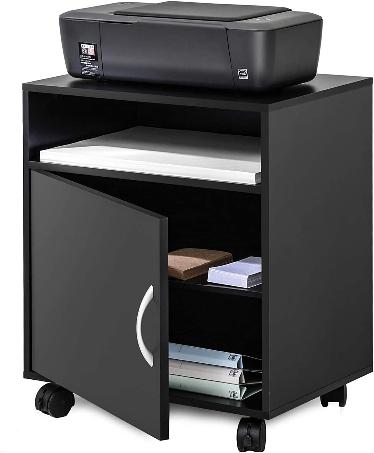 Black Wood Rolling File Cabinet: Printer Stand with Adjustable Storage, Mobile Work Cart on Wheels for Home Office