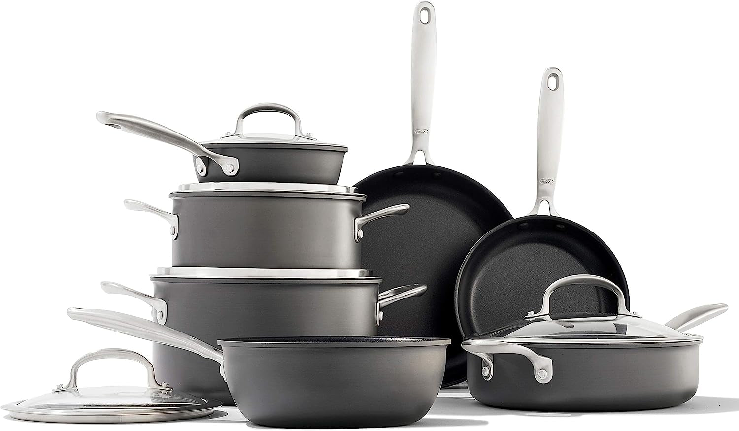 12-Piece Good Grips Pro Cookware Set: Pots and Pans with 3-Layered German Engineered Nonstick Coating, Dishwasher and Oven Safe, Stainless Steel Handles, in Black