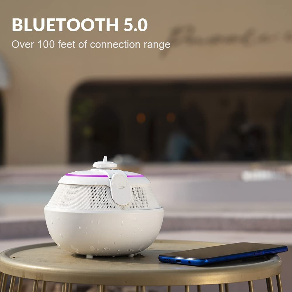 Waterproof Bluetooth Speaker - Floating Party Outdoor Pool Speakers with Lights and Deep Bass for Hot Tub Water (White)