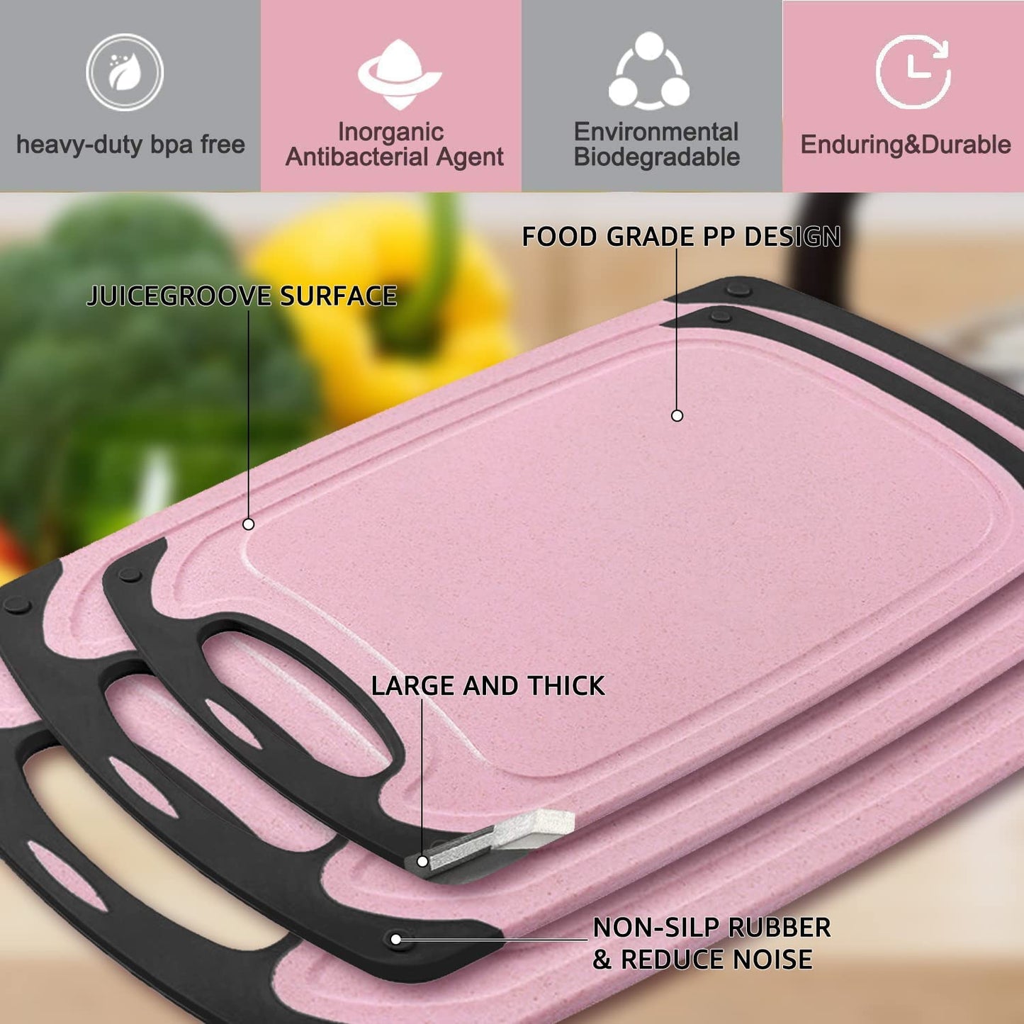  3-Piece Kitchen Cutting Board Set - Durable Plastic Chopping Boards with Juice Grooves, BPA-Free, and Dishwasher Safe - Pink