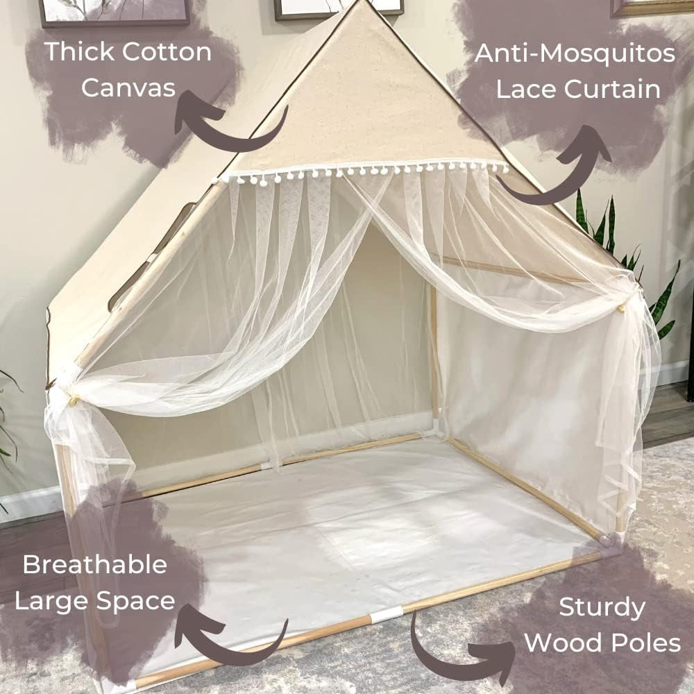 Children's Playhouse Play Tent - Large Lace Pom Design - Made from Natural Canvas - Portable for Indoor and Outdoor Play - Perfect Gift for Boys and Girls to Enjoy Fun Plays