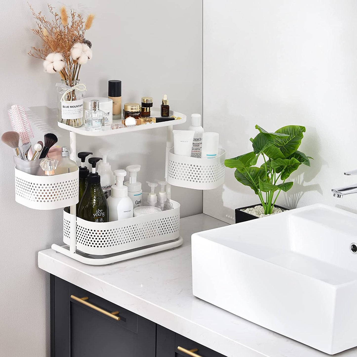 Rotating 3-Tier Bathroom and Kitchen Organizer in White: An Ideal Vanity and Spice Rack Storage Solution for Countertops