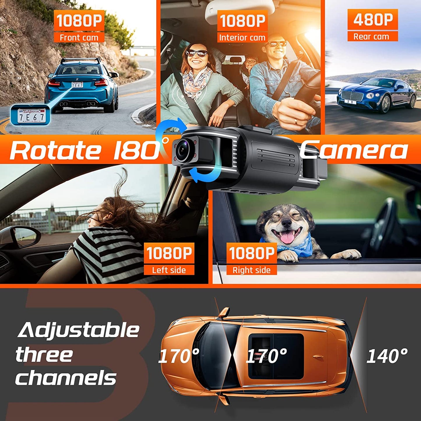 Adjustable Lens T1-Pro Dash Cam Front and Rear inside, 3 Channel 1080P Car Dash Camera with 8 IR Lamps Night Vision, Triple Car Camera System, Loop Recording, G-Sensor, Parking Monitor