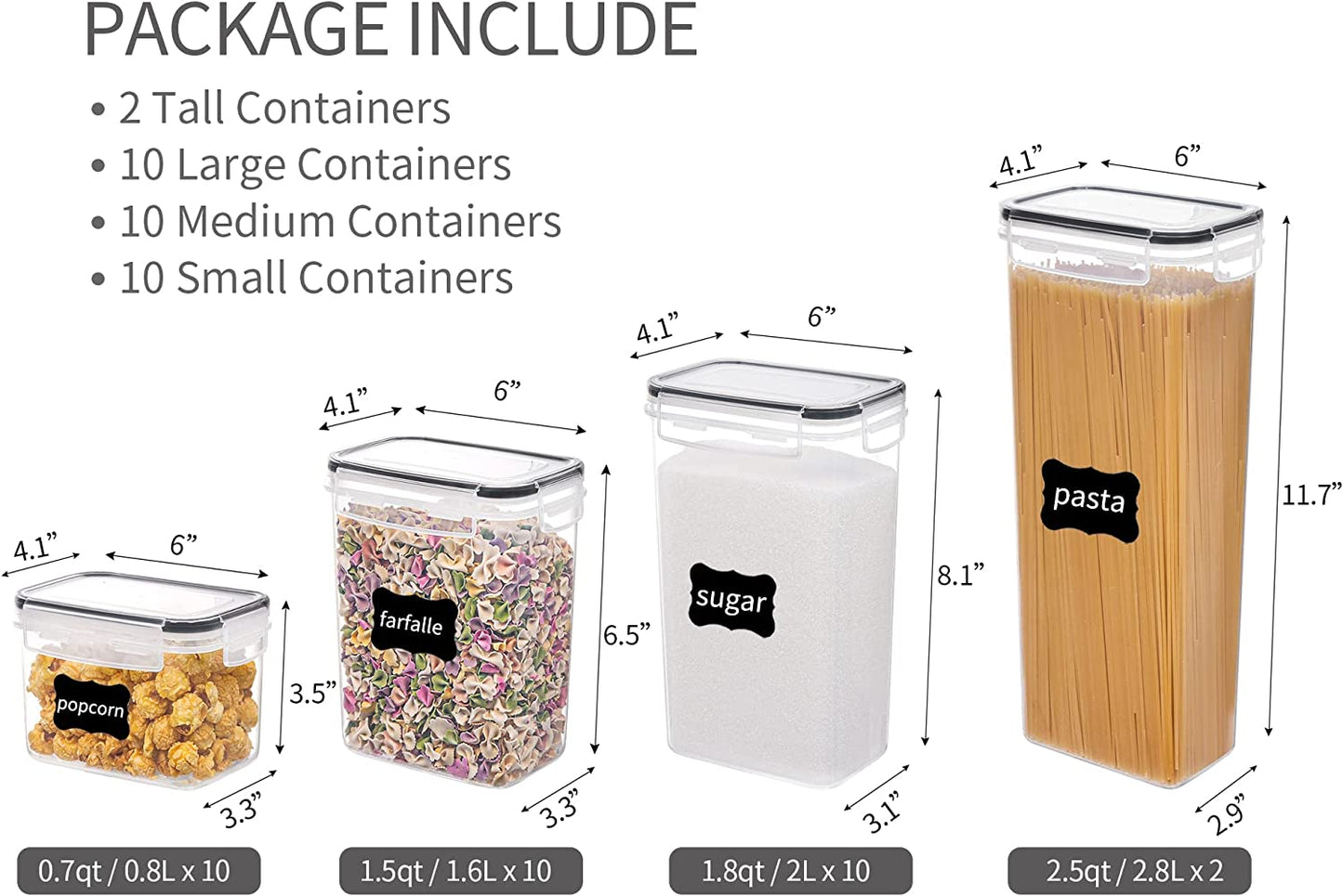 32-Piece Food Storage Container Set - BPA-Free Plastic Airtight Containers with Lids for Kitchen and Pantry Organization; Suitable for Storing Cereal, Flour, Sugar, and More, Comes with 32 Labels.