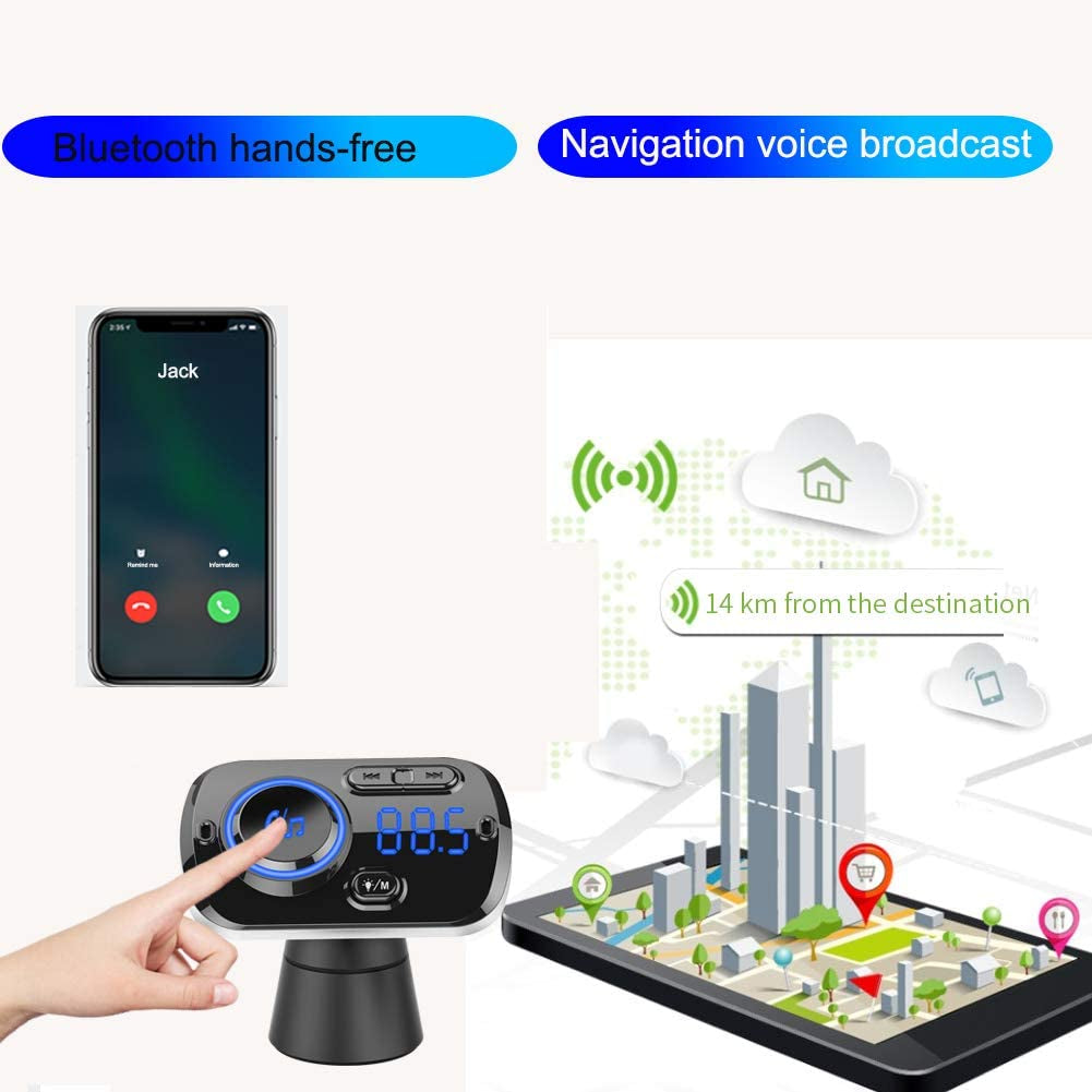  Bluetooth 5.0 Car FM Transmitter with 7 Color Light, QC3.0/2.4A USB Car Charger, Siri and Google Assistant, Handsfree Mp3 Player