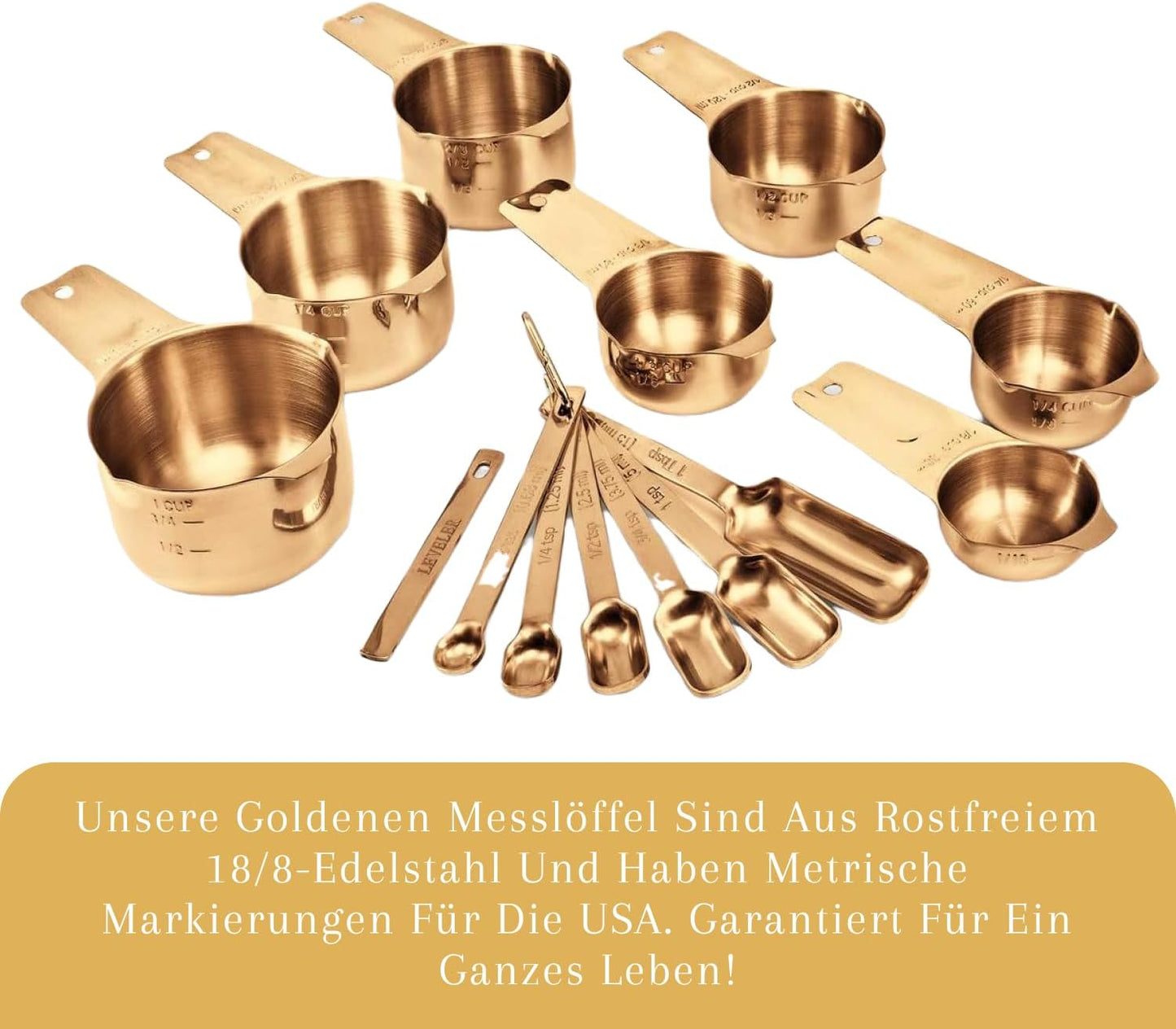 14-Piece Set of Copper Measuring Cups & Spoons: Premium Stainless Steel Metal, 7 Precision Measuring Cups, 6 Measuring Spoons, 1 Leveler, Ideal for Measuring Dry & Liquid Ingredients in Kitchen Baking & Cooking