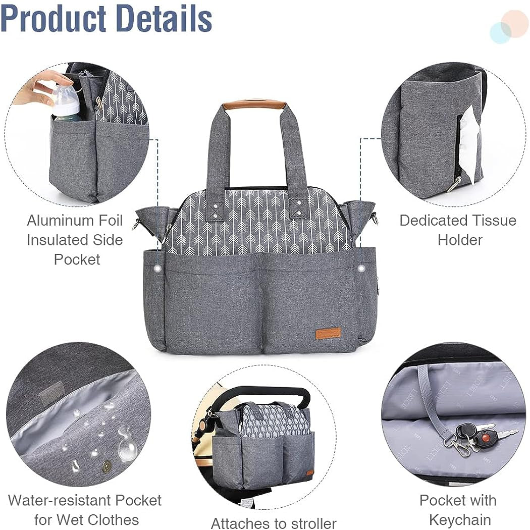 Spacious Diaper Bag Tote for Moms - Large Capacity Women's Diaper Bag with Changing Pad and Stroller Straps, Grey