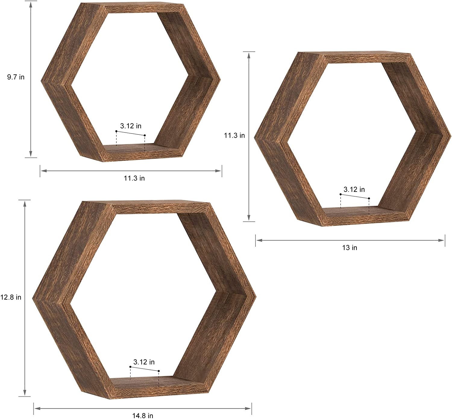 Set of 6 Hexagon Floating Shelves - Farmhouse Honeycomb Wall Storage Shelves made from Wood. These Hexagonal Shelves are Wall Mounted, Hanging, and add a Rustic Touch to Bedroom, Living Room, Hallway, and Office Decor in Brown.