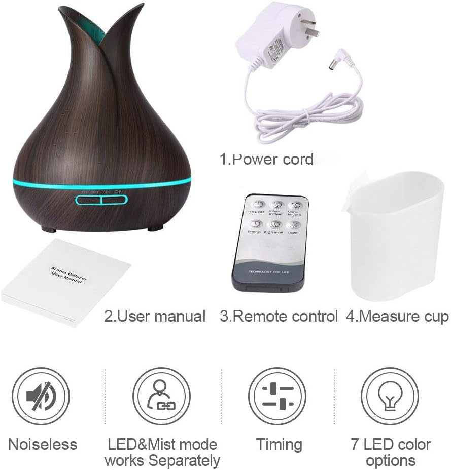 400ML Remote Control Essential Oil Diffuser: Ultrasonic Aromatherapy, Large Room Coverage. Wood Grain Cool Mist Humidifier, Quiet, Lasts Full Day/Night. Perfect for Home, Office, Spa, Baby & Kids' Room (Dark Wood).