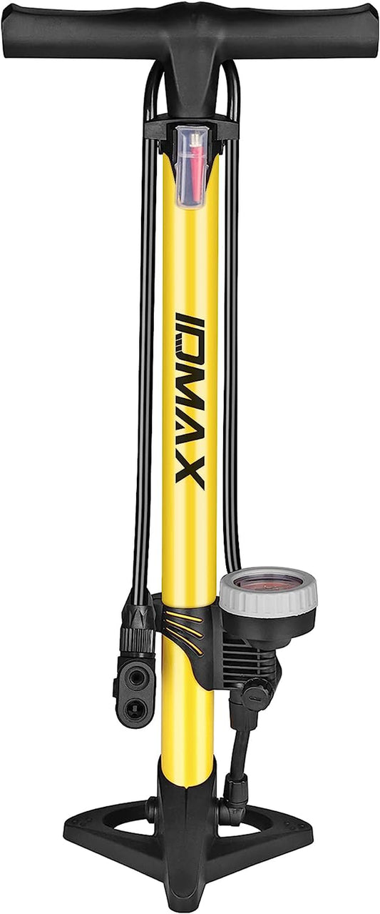 Ergonomic Bike Floor Pump - Portable Bicycle Tire Inflator with Gauge & Smart Valve Head - Compatible with Universal Presta and Schrader Valve - Yellow & Black Design.