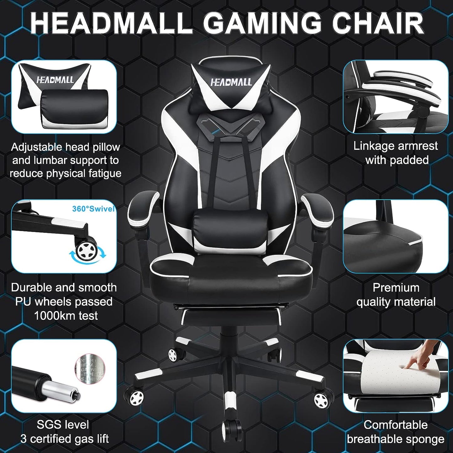 Gaming Chair with Footrest - Office Chair with Lumbar Support and Headrest - Height Adjustable - 360° Swivel Seat - Black and White Design.