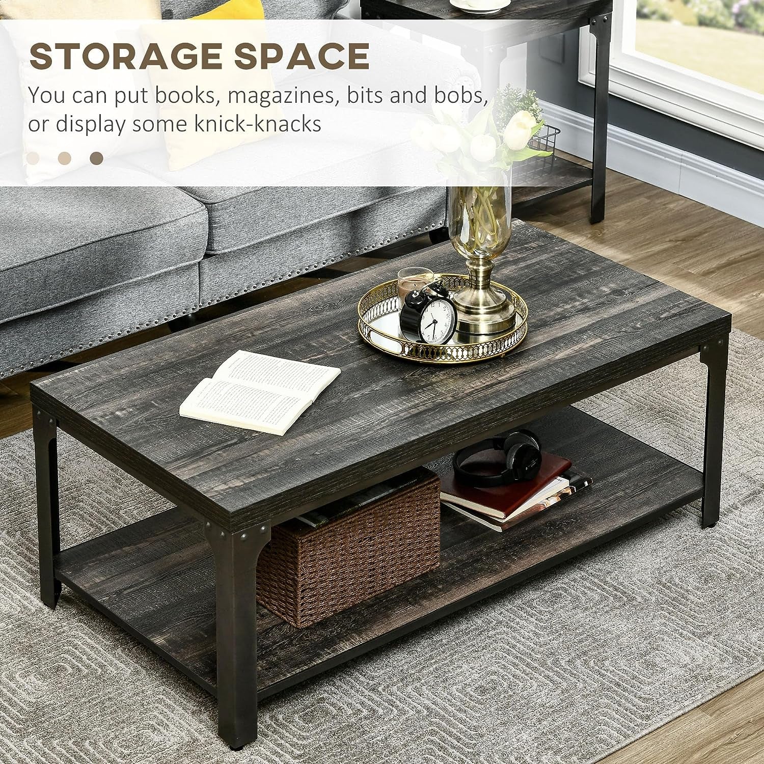 Rustic Coffee Table with Storage Shelf, 2-Tier Cocktail Table with Steel Frame and Thickened Top, for Living Room, Dark Walnut