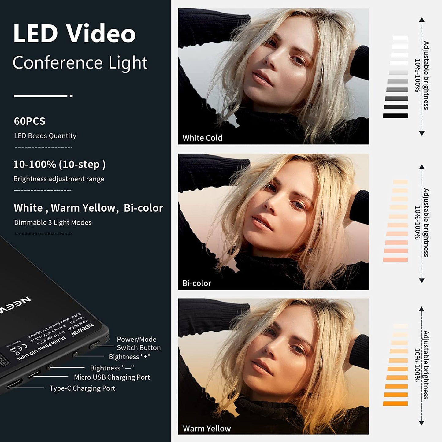 Portable LED Selfie Light with Front & Back Phone Clip, 60 High Power LEDs, 2000mAh Rechargeable Battery, CRI 95+, 3 Light Modes - Perfect for Phone/Tablet/Laptop, Zoom Calls, TikTok Videos, and Fill Light