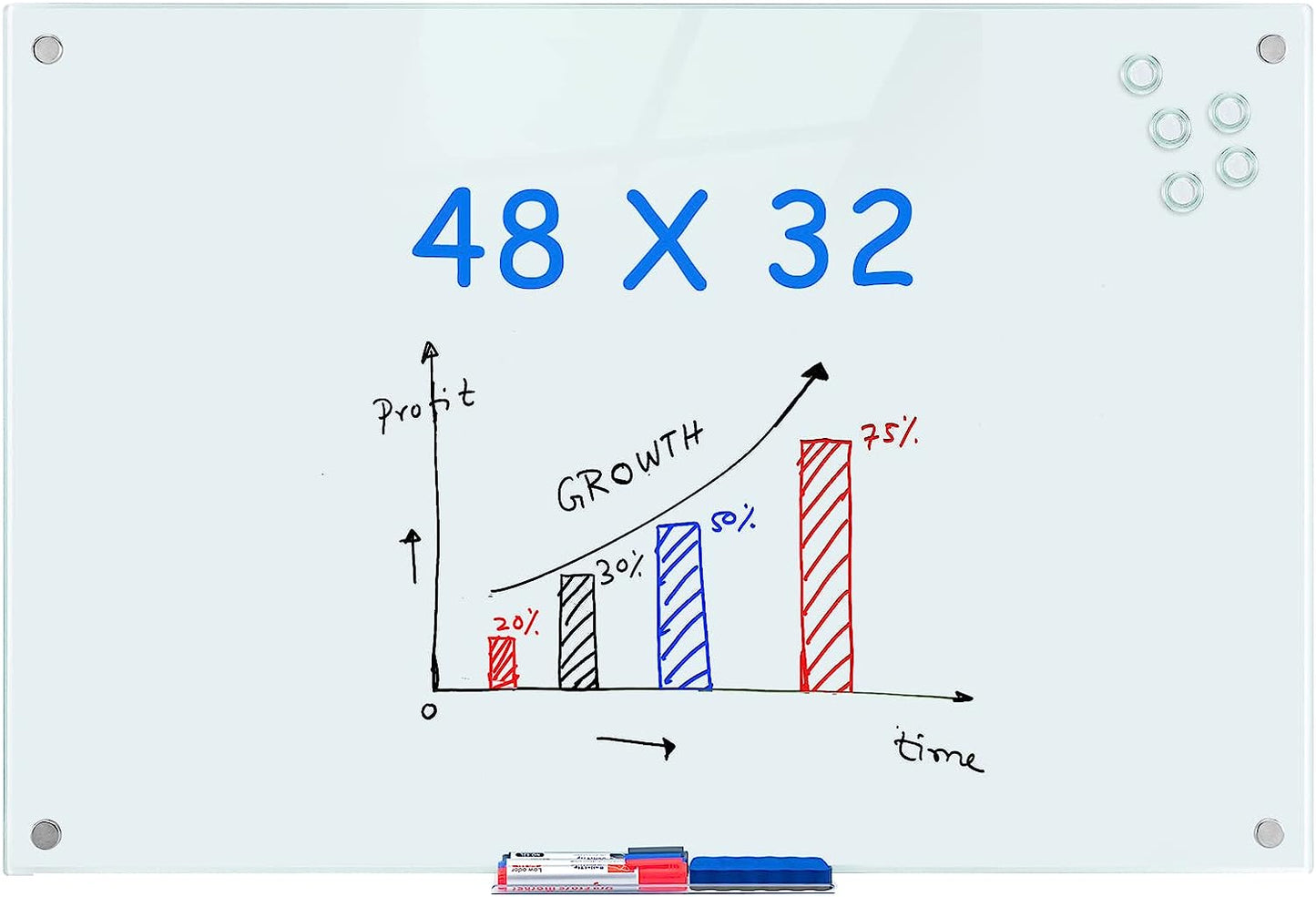 Magnetic Glass Whiteboard - 48 X 32 Inches, Frameless White Glass Board for Interactive Office Wall, Includes Marker Tray